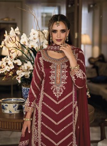 Ropa Étnica India, Salwar Kameez de Chinnon Puro con Bordado Pesado y Lentejuelas, para Bodas y Festividades - Product Image 3