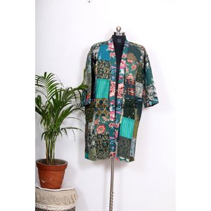 Kimono Kantha hecho a mano con parches de seda, estilo japonés, ropa de playa, estilo bohemio, de invierno, multicolor, con cinturón. - Product Image 3