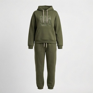 Conjunto de Sudadera con Capucha de 2 Piezas para Mujer, Color Verde Oliva, Felpa, Corte Holgado Informal, Sudadera y Pantalones Deportivos, Manga Larga, Color Sólido, para Todas las Temporadas - Product Image 1