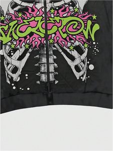Victory <b>Punk</b> Style Hooded Zipper <b>Jacket</b> With Skeleton Print And Flame Design Men's Oversized Streetwear Black - Product Image 3