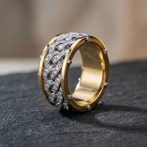 Mens Two Tone Cuban Link Inlay <b>Spinner</b> Luxury Diamond Pave Wedding Band <b>Ring</b> High End Hip Hop Style in Yellow & White Gold - Product Image 4