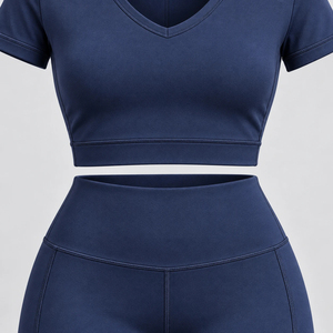 Navy Blue V Neck Crop Top and High Waist <b>Leggings</b> 2 Piece Set <b>Women</b> Solid <b>Short</b> Sleeve Yoga Sportswear - Product Image 5