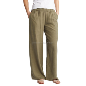 Lo último en pantalones cómodos de lino 100%, pantalones de estilo con cordón recto, ropa de dormir para mujer, suministro ODM transpirable - Product Image 2