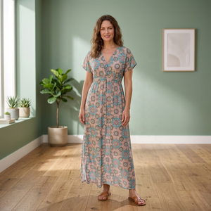 Floral Print V-neck Maxi <b>Dress</b> Boho Style Short Sleeve Loose Fit Summer Casual Woven Rayon Cotton Breathable Eco-Friendly Tassel - Product Image 3