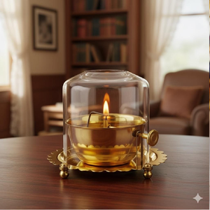 Moderno diya de latón con cubierta de vidrio y mecha ajustable para una llama duradera. Disponible a precios de mayorista. - Product Image 1