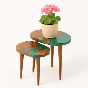 Juego de 3 mesas nido personalizadas – Madera de teca con acabado de resina gris tintada y brillo de faizacraft - Product Image 5