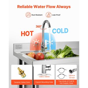 Lavello Commerciale Autoportante a Vasca Singola con Rubinetto da Cucina in Acciaio Inossidabile e Tubi per Acqua Calda e Fredda - Product Image 4