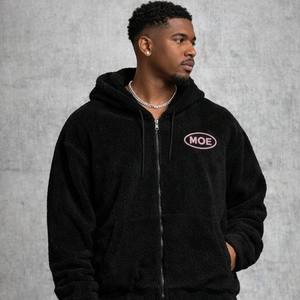 Conjuntos de chándal de forro polar Sherpa negro personalizados, sudadera con capucha y cremallera, pantalones jogger, chándal de forro polar afelpado unisex con cremallera, ropa de calle de invierno OEM - Product Image 4