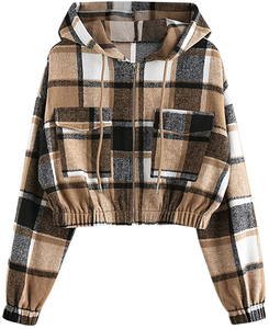 <b>Women's</b> Plaid Hooded Zip-Up Casual Short Length Cotton Blend <b>Flannel</b> <b>Jacket</b> With Pockets Autumn Wear - Product Image 1