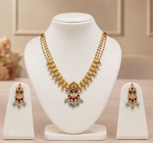 Conjunto de Joyería Étnica Tradicional Prayom, Collar y Aretes Chapados en Oro, Colgante con Perlas de Circonio para Boda, de Gujarat - Product Image 2