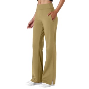 High Waist Full Length Flared Leg Yoga Pants With Pockets Olive Green Elastic Waist Breathable Spandex Nylon Women's <b>Leggings</b> - Product Image 1