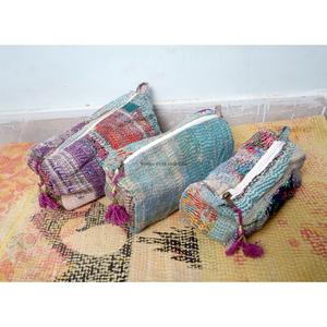 Indian Kantha Hand Block Print Cotton Eco-Friendly Portable Cosmetic Bag Set Tassel Zipper Closure Vintage Style Women's Travel - Product Image 3