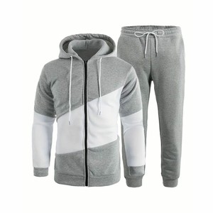 Custom Men's Gray <b>White</b> Color Blocking Hooded Tracksuit Full Sleeve Zipper Front Casual Breathable Cotton Polyester Regular Fit - Product Image 1