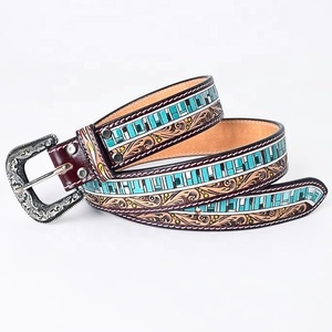 Nuevos diseños Cinturones hechos a mano de cuero real Cinturones occidentales con estilo de cuero Cinturones de color turquesa unisex India - Product Image 1