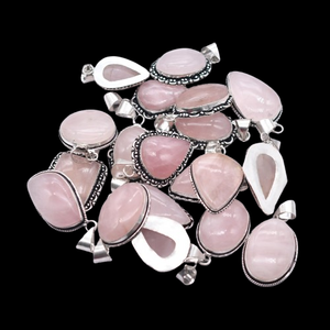 Colliers pendentifs ovales en quartz rose naturel et obsidienne, 25 pièces, avec sertissage clos en argent vieilli, unisexe, style chrétien - Product Image 5