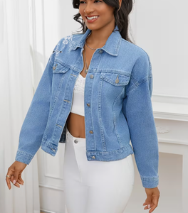 Hardihood International Light Wash Denim <b>Jacket</b> Women Embroidered Floral Button Front Formal Breathable Distressed <b>Rhinestone</b> - Product Image 1