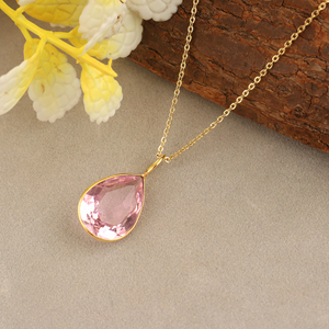 luxury pink quartz rose cut stone pendant handcrafted brass metal chain necklace 18k gold pated bezel setting crystal jewelry - Product Image 6