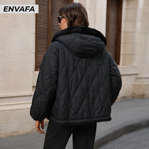 Chaqueta corta de invierno para mujer, acolchada, transpirable, con capucha, cremallera, cálida, informal, cortavientos, de poliéster - Product Image 2
