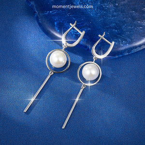 Boucles d'oreilles de luxe en argent sterling 925 avec perles d'eau douce pour femmes, plaquées platine, boucles d'oreilles géométriques tridimensionnelles - Product Image 2