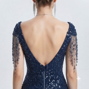 Blue Beaded Mermaid Dress Sleeveless V Neck <b>Floor</b> <b>Length</b> Formal <b>Gown</b> Sequin Party Dress for Wedding Gala - Product Image 5