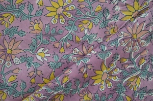 Hand Block Printed Lightweight Woven Floral Cotton Fabric for Boys Home Decor & <b>Dress</b> Sewing in Purple Yellow Pink Teal Blossoms - Product Image 3