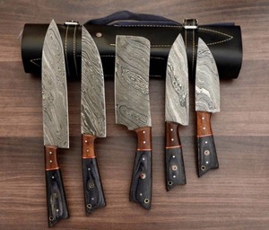 Ensemble de couteaux en acier Damas 5 pièces, manche en bois, lames droites, couteaux de chef, lame polie, ambidextres - Product Image 1