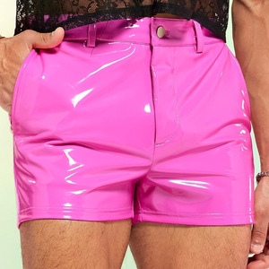 Pantalones Cortos de Hombre Rosa con Recubrimiento de PU, Cintura Alta, Cierre de Botones, Estilo Casual, Color Sólido, Tela Satinada - Product Image 4
