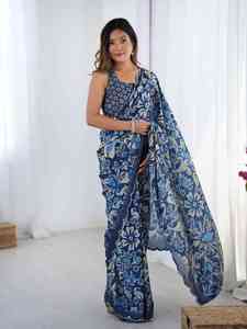 Sari moderne en polyester bleu imprimé avec des accents rouges et une bordure en dentelle miroir pour femmes, vêtements décontractés toutes saisons - Product Image 4