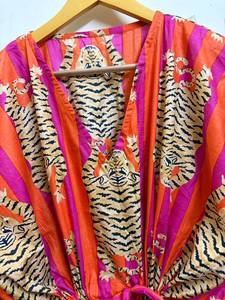 Women's Orange Floral Print Cotton Maxi V-neck <b>Kaftan</b> Dress <b>Beach</b> Cover up Boho Resort Wear Summer Lounge - Product Image 4
