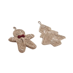 Adorno navideño de yute hecho a mano con forma de hombre de jengibre y árbol, decoración colgante de estilo rústico con apliques bordados. - Product Image 4