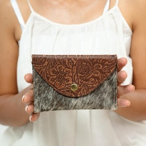 Hand Tooled Carving Small <b>Wristlet</b> Coin Purse Western Hair On Cowhide Leather Multi Uses Mini Wallet For Women Western Gifts - Product Image 1