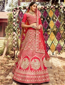 KV Women's Embroidered Rhinestone Silk Lace Satin Autumn Bridal Lehenga Choli (<b>Red</b>) Soft - Product Image 5