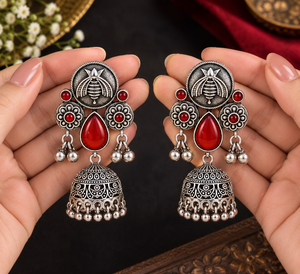 Pendientes Jhumka de Plata con Corte de Pera en Color Rojo Étnico, Estilo Bollywood, para Bodas, Venta al Por Mayor de Joyería para Mujer, Disponibles en Stock - Product Image 5