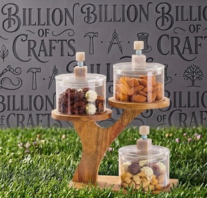 Modern Wooden Stand With 3 Clear Acrylic Plexi Jars For <b>Dry</b> Fruits Chocolate Storage Party Use Cylinder Shape Plastic Lid - Product Image 1