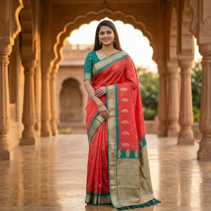 Sari de seda Banarasi de excelente calidad para mujeres, ideal para bodas y festivales, de un proveedor y exportador indio. - Product Image 1