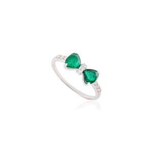 OEM ODM Unique Design Trillion Cut Emerald & Round Diamond K14 White Gold Bow <b>Ring</b> <b>Stacking</b> New Arrivals May Birthstone Jewelry - Product Image 3