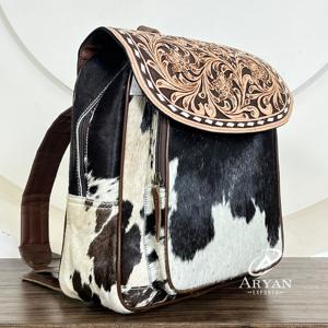 Sac à dos pour femme en cuir véritable, style western, avec gravures florales et détails en fourrure, modèle March Expo, nouveau style, fait main - Product Image 1