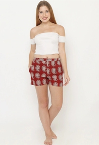Women's Printed Red Pattern Shorts <b>Elastic</b> Waist Casual Knitted Cotton Breathable With Pockets Regular Fit - Product Image 1