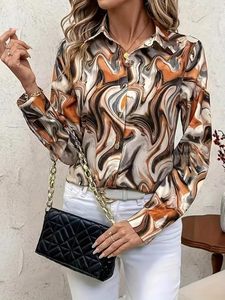 Women's Printed Long Sleeve Button Down Blouse Casual Spring Summer <b>Top</b> Regular Fit Polyester Shirt With Abstract Pattern - Product Image 3