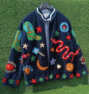 <b>Women</b> <b>Navy</b> Velvet <b>Jacket</b> With Colorful Snake Cactus Eye And Star Embroidery Front Closure Long Sleeves <b>For</b> Statement Wear - Product Image 1