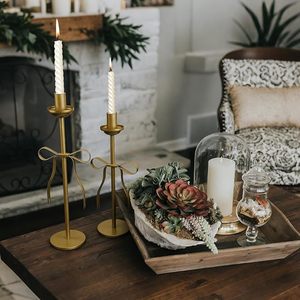 Metal Bow Gold Candlestick Holders Set of 2 Weighted Metal Bow Taper <b>Candle</b> Holders Vintage <b>Candle</b> <b>Stick</b> Holder - Product Image 2