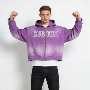 Sudadera con capucha para hombre, de moda, morada, con efecto tie-dye, oversize, con cremallera frontal, detalles de remaches, dobladillo deshilachado y estampado de letras personalizado, para uso diario informal - Product Image 2