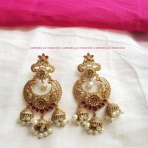 Vintage Brass Chandelier Earrings with Floral Peacock Pearl and Diamond Design - Product Image 3