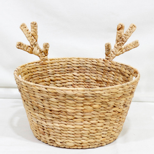 Cute Animal Shaped Natural Water Hyacinth <b>Storage</b> <b>Basket</b> With Antler Handles For Children's <b>Toy</b> Organization - Product Image 1