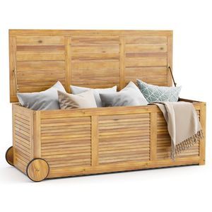 Boîte de rangement extérieure en bois avec 2 roues et poignée latérale, solution de rangement roulante pour patio - Product Image 3