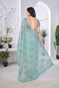 Sari de Seda Bordado Azul Cielo para Mujer, Estilo Tradicional Indio-Pakistaní, Largo hasta el Suelo, para Bodas, Ajuste Regular, Elástico - Product Image 5