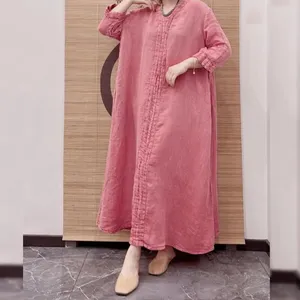Robe longue en mélange de coton et de lin, style bohème chic, col rond, demi-manches, coupe ample et décontractée, tenue tendance pour femme - Product Image 1