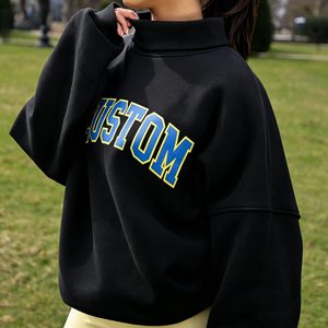 Custom Women's Letter Patch Embroidered Sweatshirt Oversized Turtleneck Lapel <b>Drop</b> Shoulder Pullover Manufacturer - Product Image 5