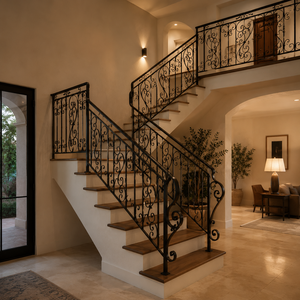 Rampe d'escalier en fer forgé noir de luxe, balustrade ornementale à volutes, garde-corps d'escalier intérieur, design intérieur de villa - Product Image 3