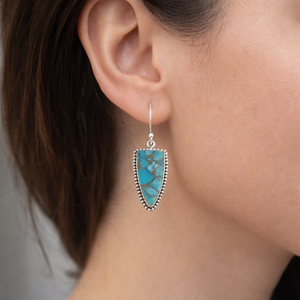 Boucles d'oreilles pendantes en turquoise bleue et cuivre, argent sterling 925, plaqué or rose et or jaune, faites à la main, style bohème, bijoux triangulaires, cadeau pour femme - Product Image 2